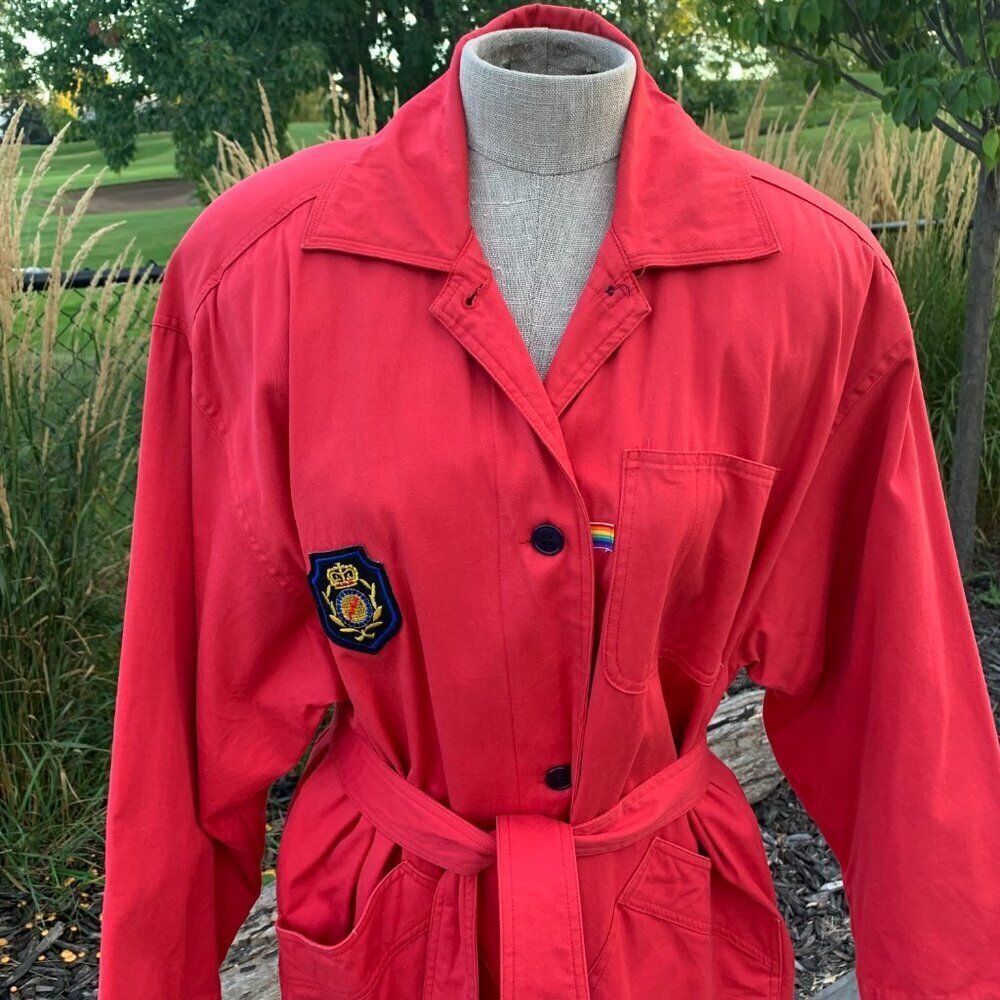 Vintage 80s 90s Oversized Red Belted Dolman Sleeve Trench Overcoat Duster - Picture 4 of 12